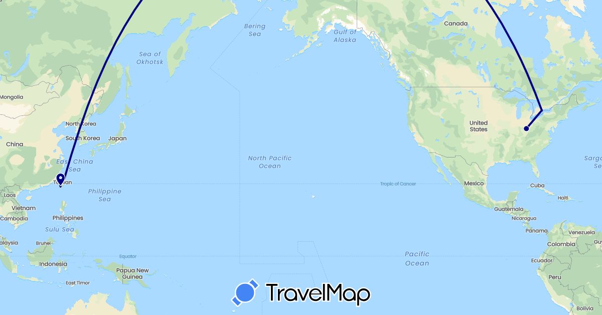 TravelMap itinerary: driving in Canada, Taiwan, United States (Asia, North America)